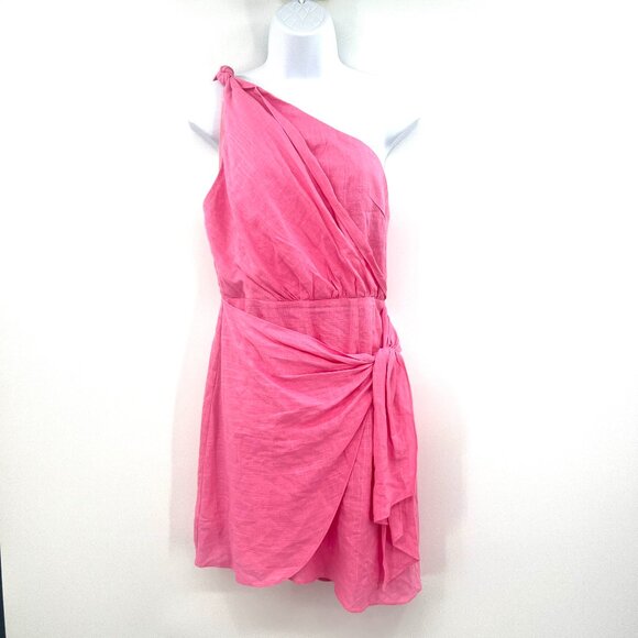 Here Comes The Sun Linen Cotton Pink One Shoulder Mini Dress Women's Medium - Picture 1 of 5